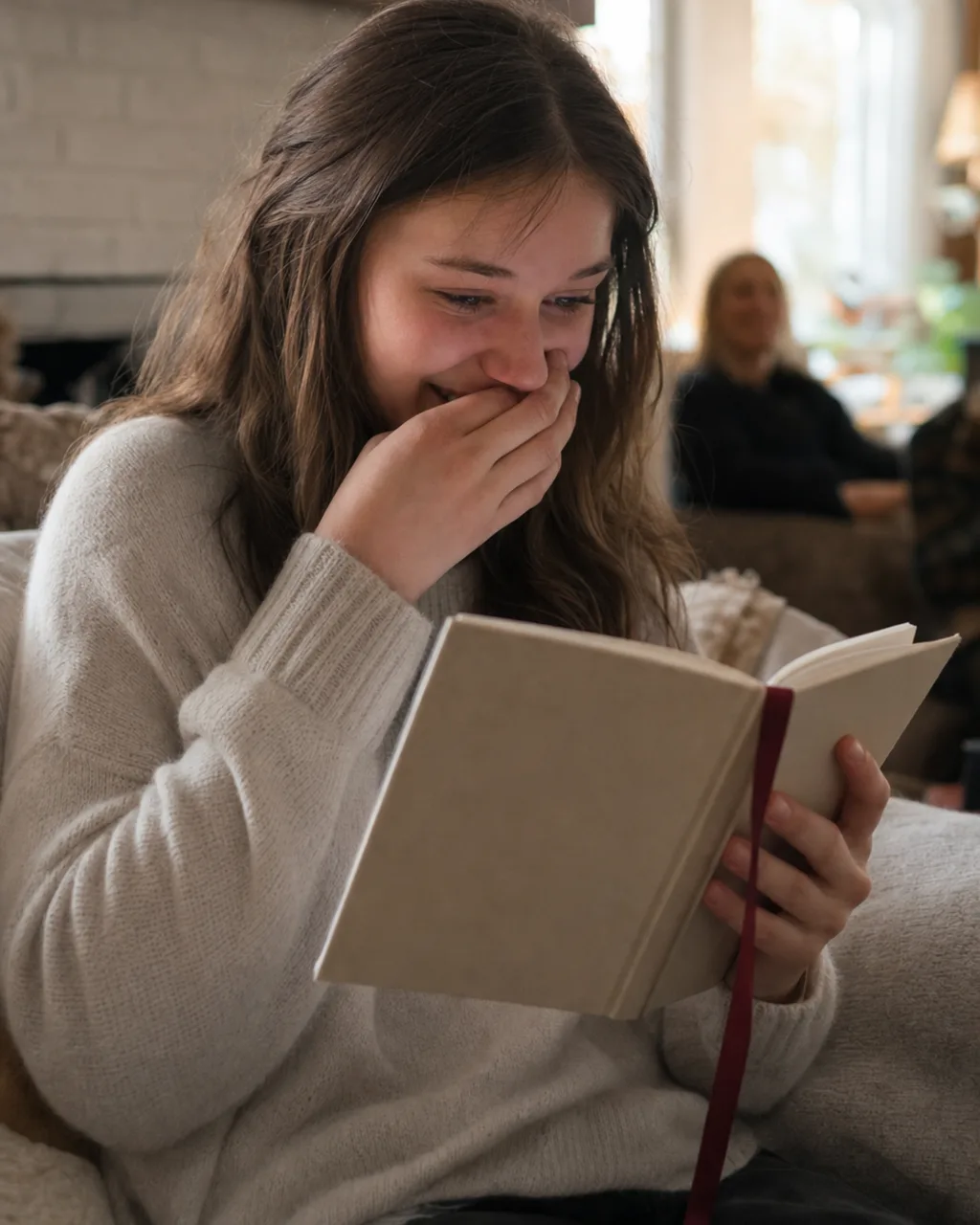 A sixteen-year-old reading her open keepsake book, hand over her mouth mid-reaction, family softly out of focus behind her