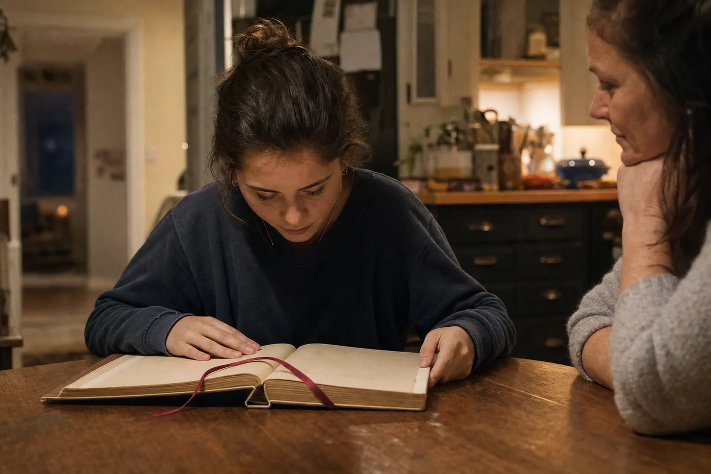 A teenager reading the keepsake book at the kitchen table in warm evening light, a parent watching from the edge of the frame