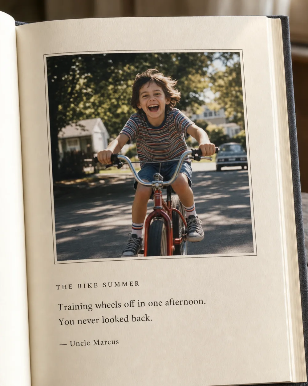 A book page pairing a childhood photo on a bike with a short story titled The Bike Summer, signed Uncle Marcus
